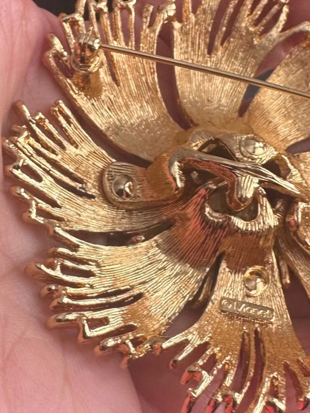 Vintage Monet Gold Tone Pinwheel Flower Brooch Signed Statement Pin